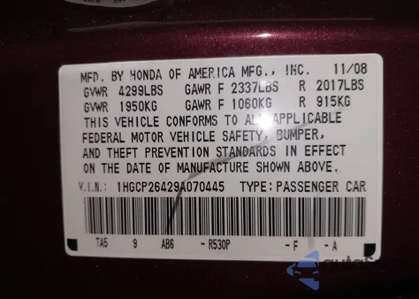 2009 Honda Accord 2.4 Lx-P from USA, damaged, VIN 1HGCP26429A070445